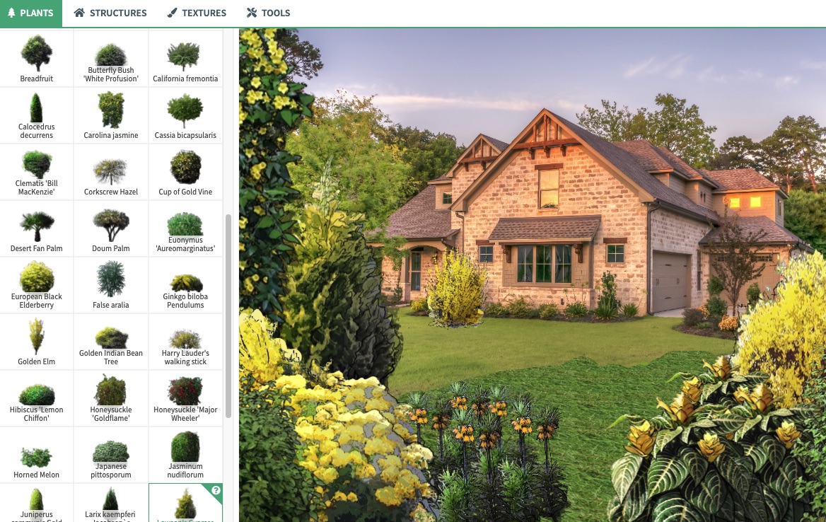 App screenshot showing plant selection and garden view