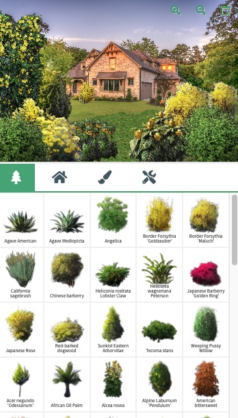 Mobile app screenshot showing plant selection and garden view